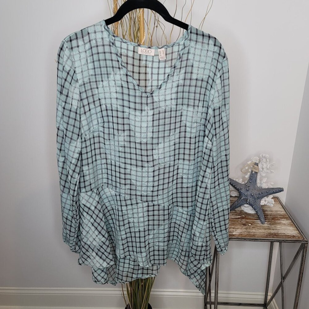 LOGO Lori Goldstein Plaid Floral Jacquard Tunic Women‎ XSmall